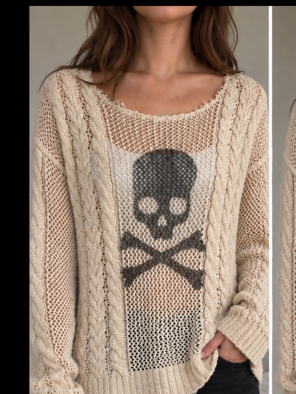 Cream Open-Knit Cable Sweater with Skull Graphic